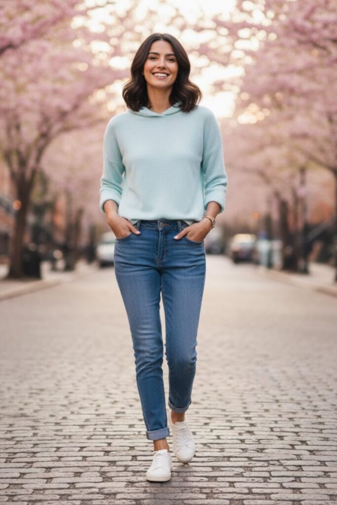 5. Light Hoodie with Denim and Sneakers