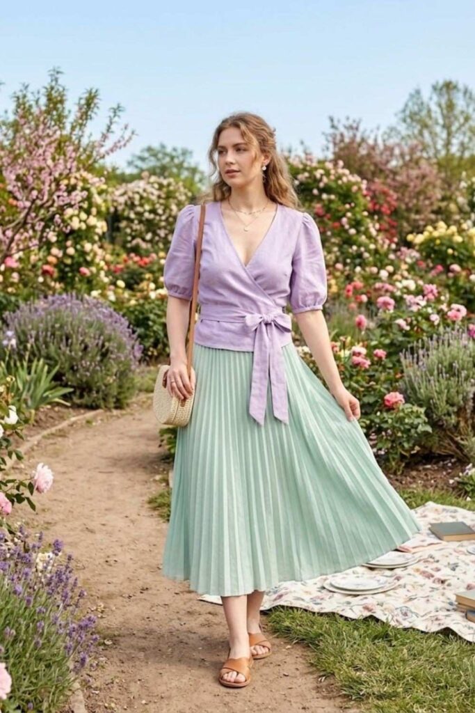 5. Pastel Wrap Top with Midi Skirt and Flats