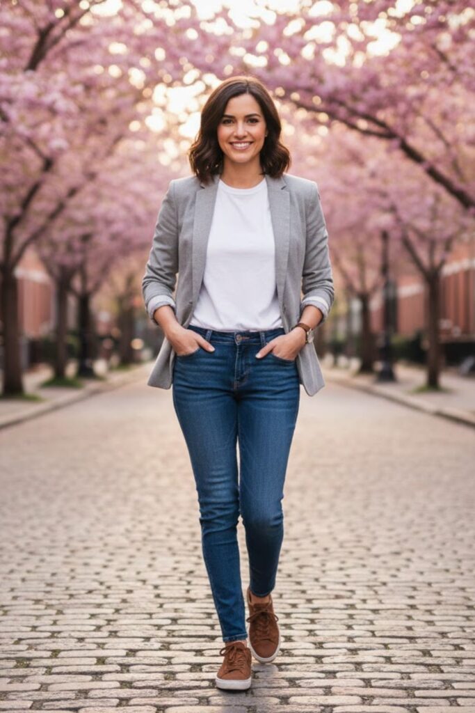 7. Casual Blazer with T-Shirt and Jeans