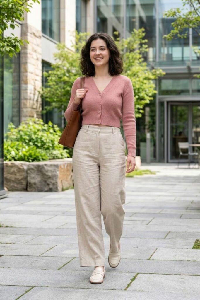 7. Cropped Cardigan with High-Waisted Trousers