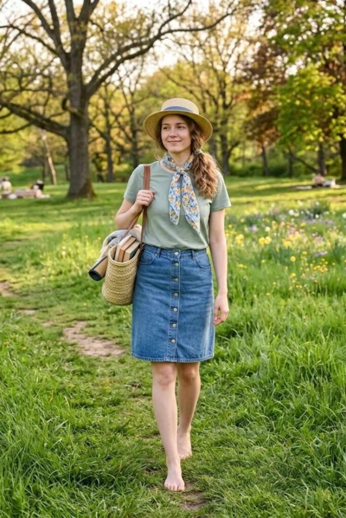 7. Soft Tee with Denim Skirt and Slip-Ons
