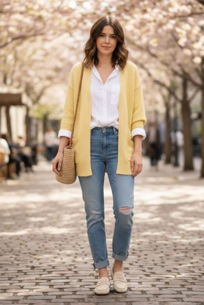 8. Cardigan Layered Over Button-Up Shirt