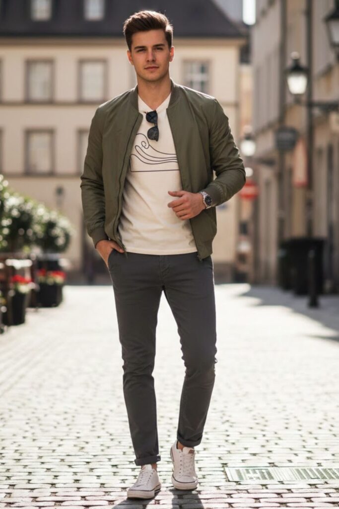 8. Graphic T-Shirt with Neutral Jacket