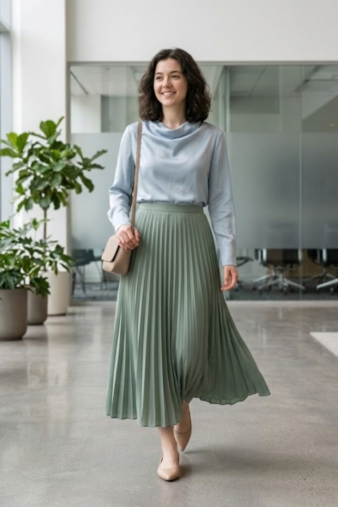 8. Long-Sleeve Blouse with Pleated Skirt