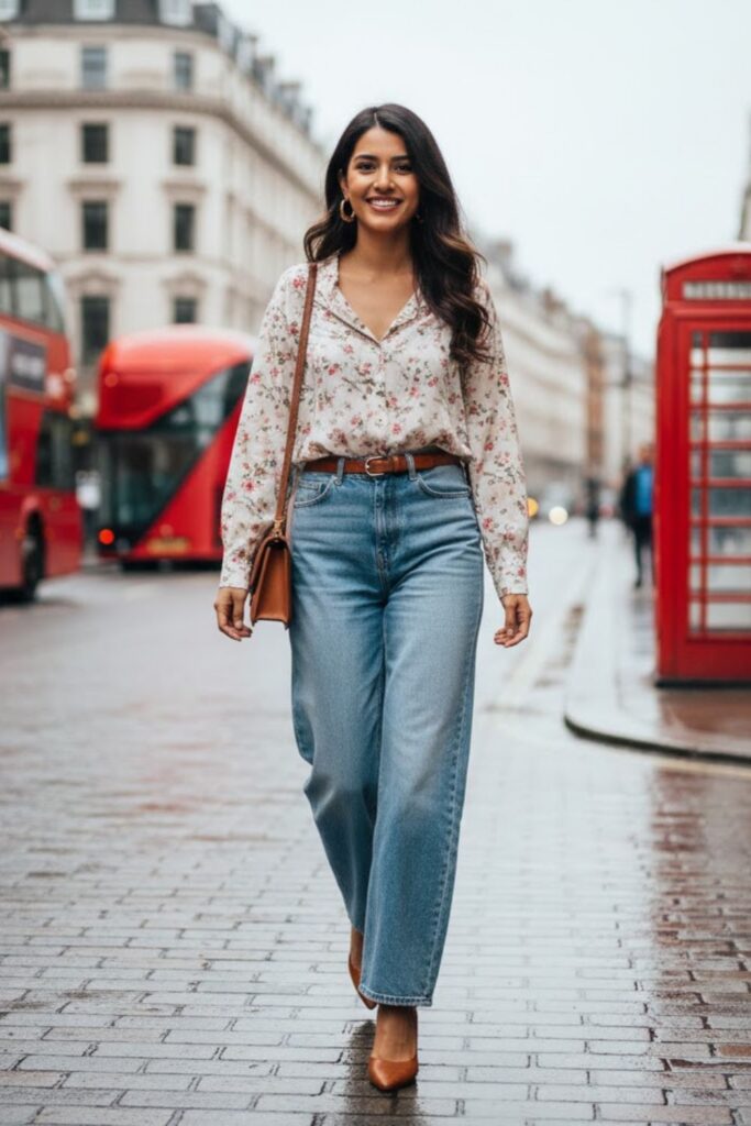 8. Wide Leg Jeans With Floral Blouse