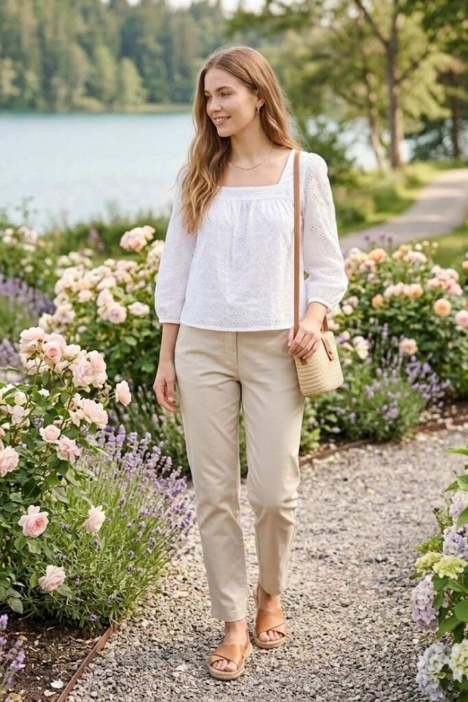 9. Eyelet Blouse with Chinos and Espadrilles