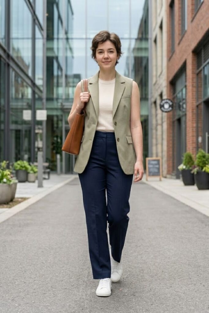 9. Structured Vest with Trousers and Simple Top