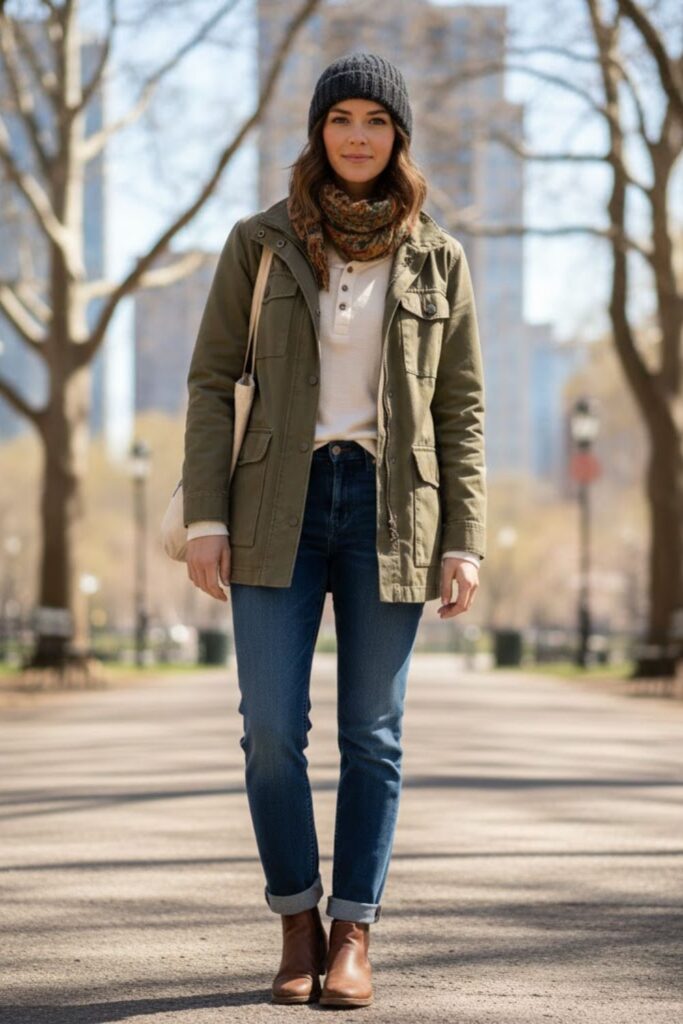 9. Utility Jacket with Henley Shirt and Jeans