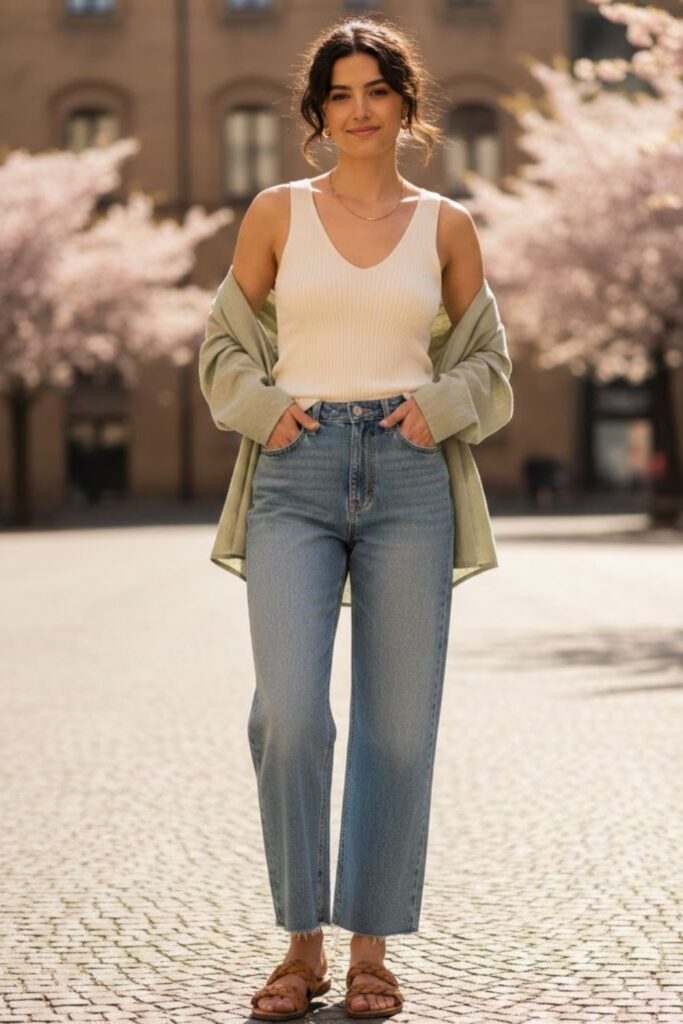 9. Wide Leg Jeans With Knit Tank Top
