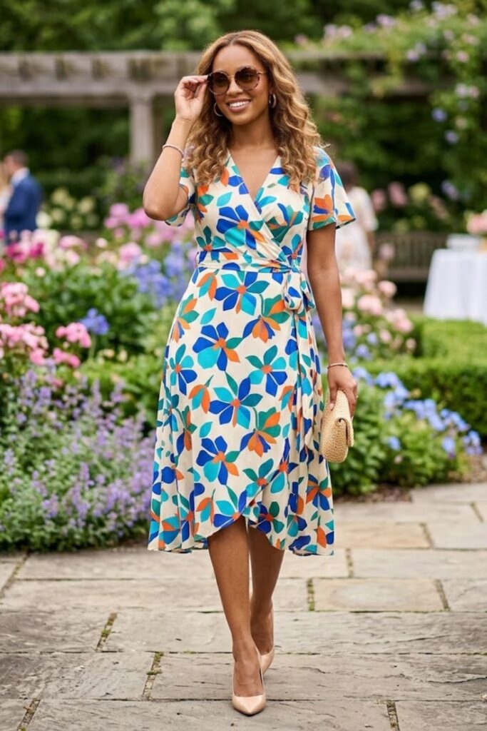 1. Bold Print Wrap Dress with Neutral Heels