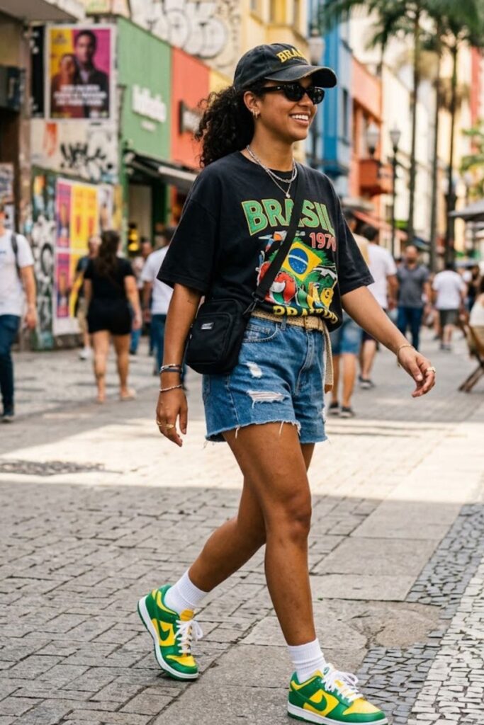 1. Brazil Dunks With Oversized Graphic Tee and Denim Shorts