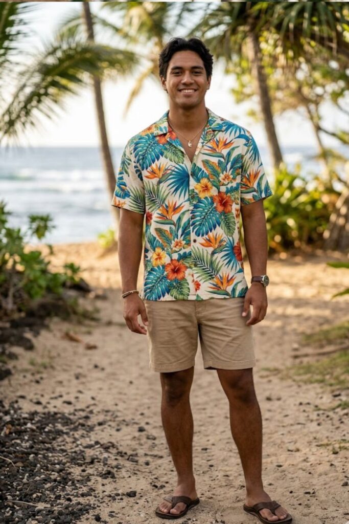 1. Classic Aloha Shirt with Khaki Shorts