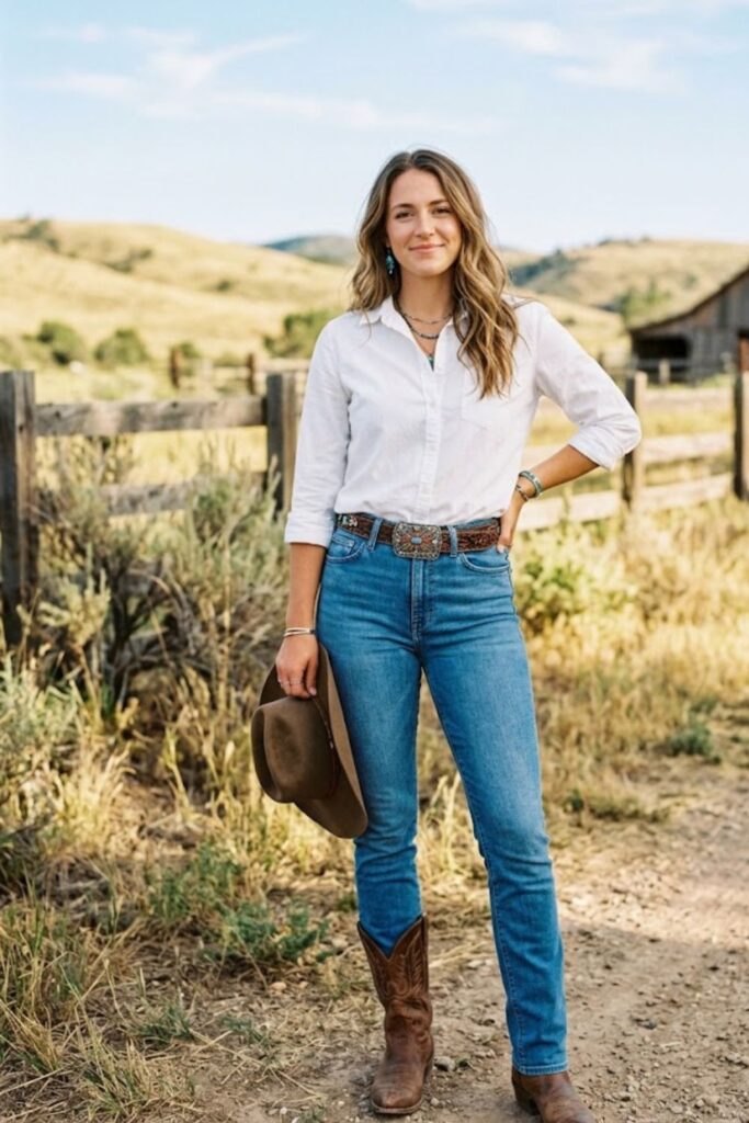 1. Classic Denim Jeans With White Shirt and Cowboy Boots