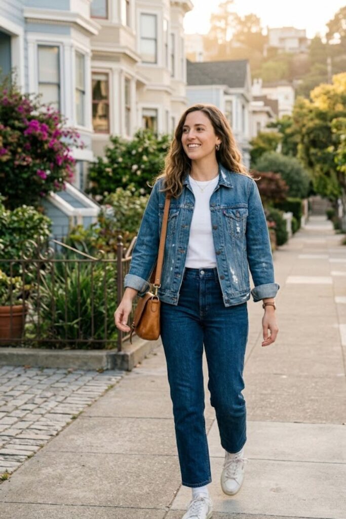 1. Denim Jacket With White Tee and Straight Jeans