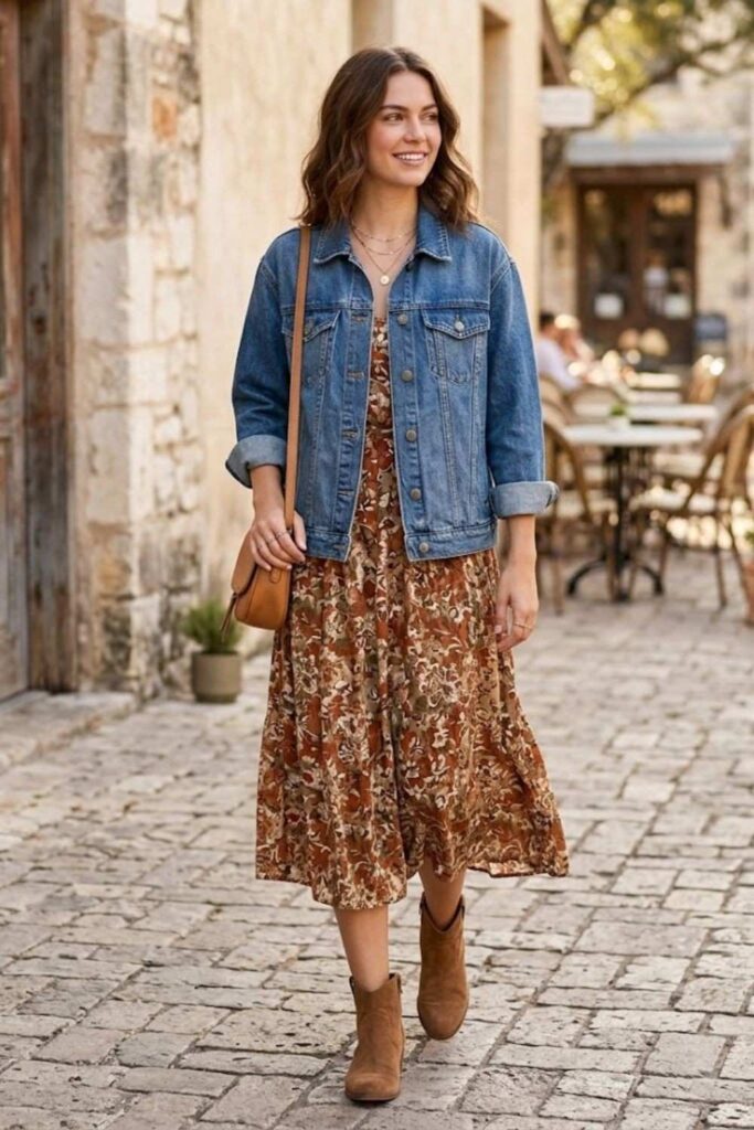1. Denim Jacket with Floral Dress