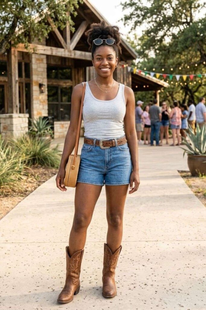 1. Denim Shorts With Tank Top and Cowboy Boots