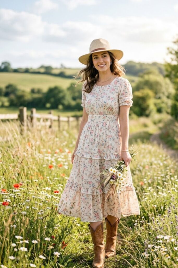 1. Floral Dress With Cowboy Boots