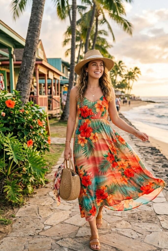 1. Floral Maxi Dress with Straw Hat
