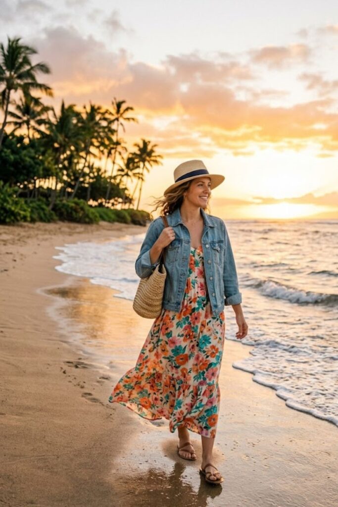 1. Flowy Maxi Dress With Light Denim Jacket
