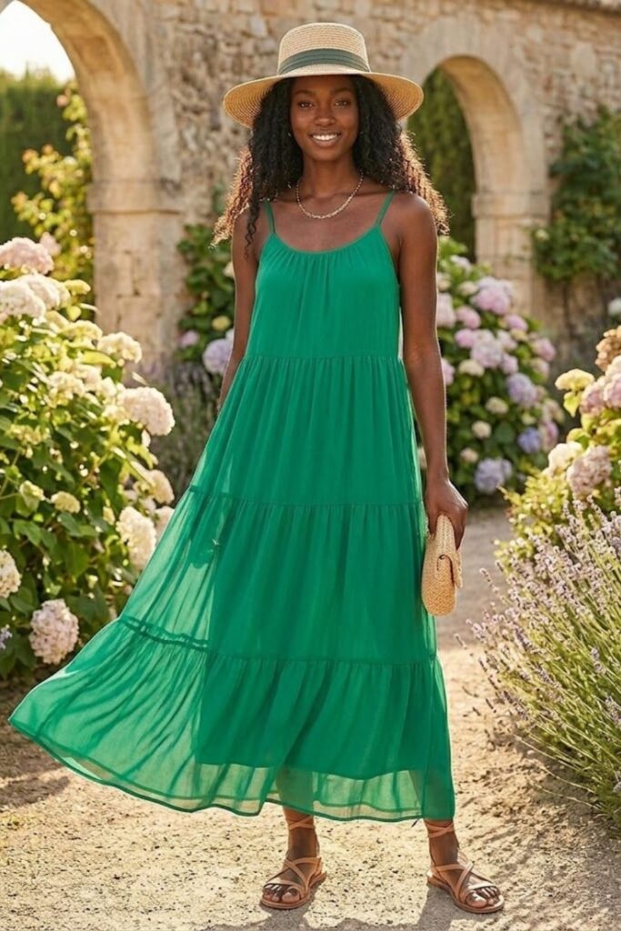 1. Flowy Tiered Maxi Dress with Sandals