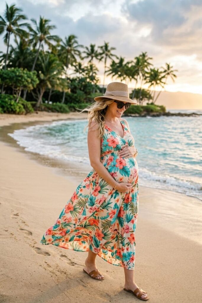 1. Flowy Tropical Maternity Maxi Dress