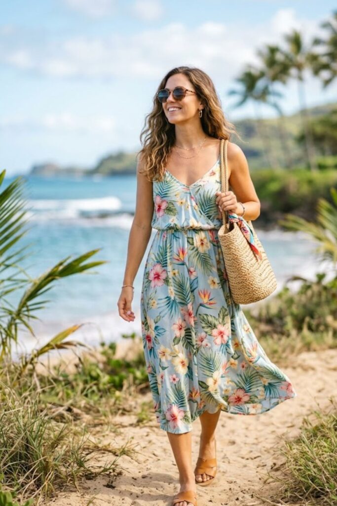 1. Flowy Tropical Sundress Outfit