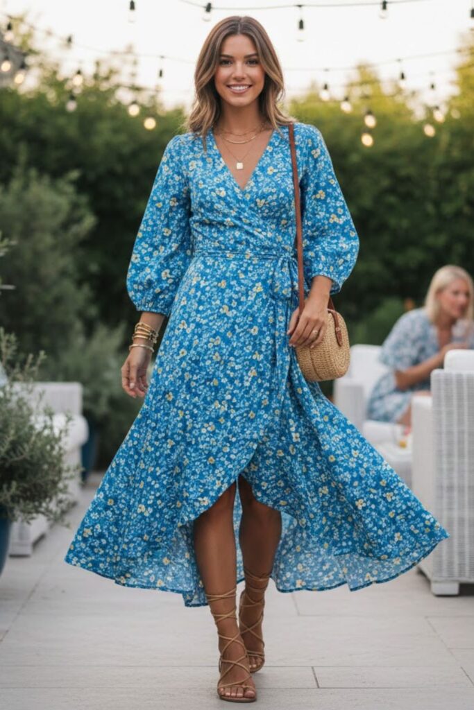 1. Flowy Wrap Dress with Strappy Sandals