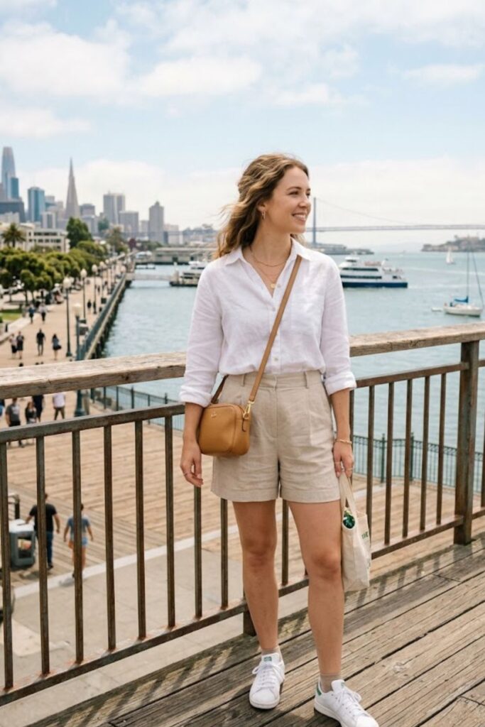 1. Linen Blouse With High-Waisted Shorts