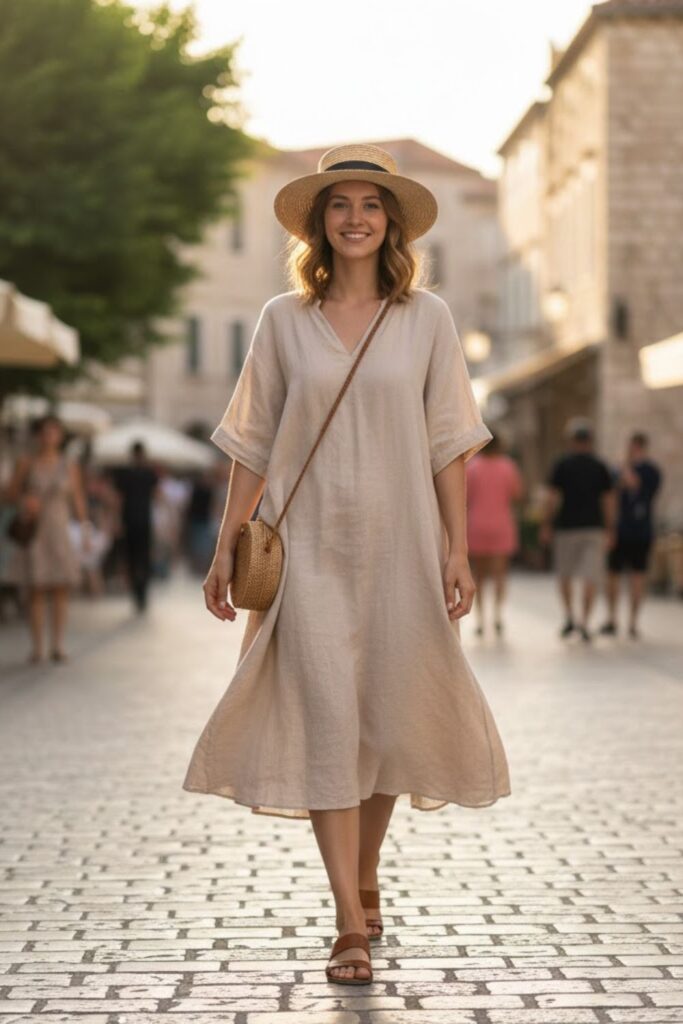 1. Linen Dress With Comfortable Sandals