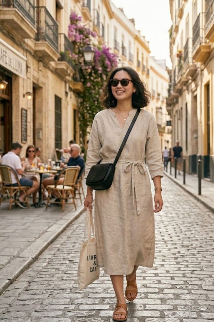 1. Linen Dress with Sandals
