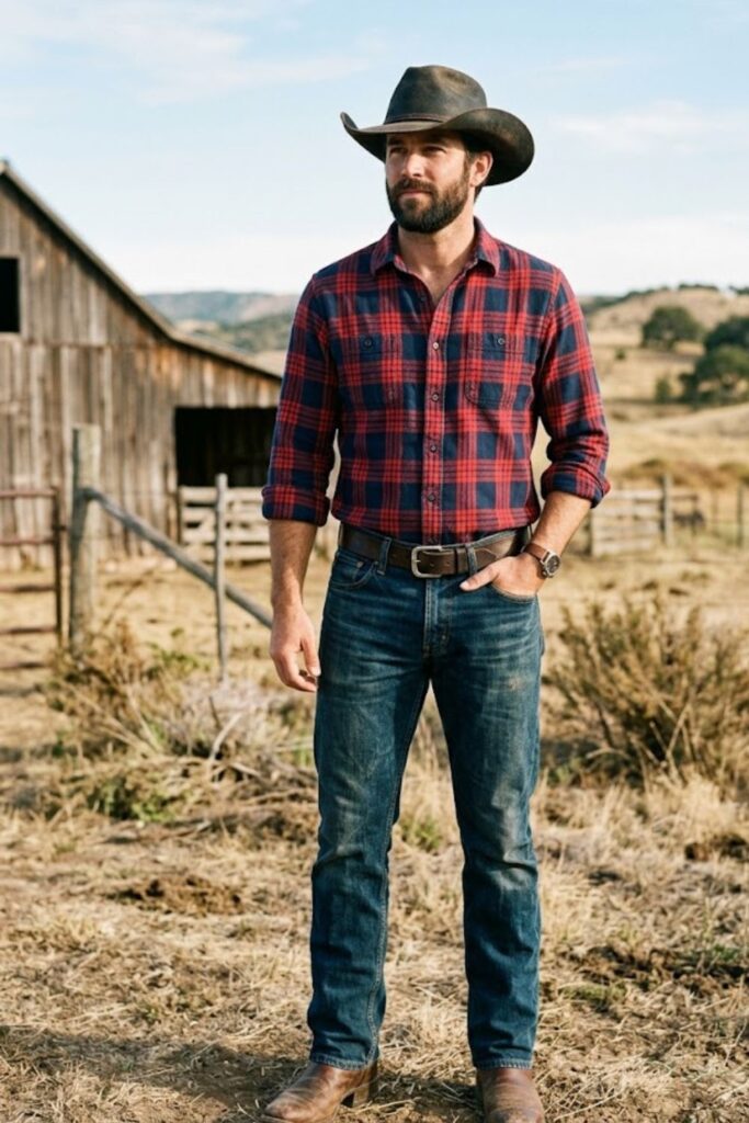 1. Plaid Shirt With Jeans and Cowboy Boots