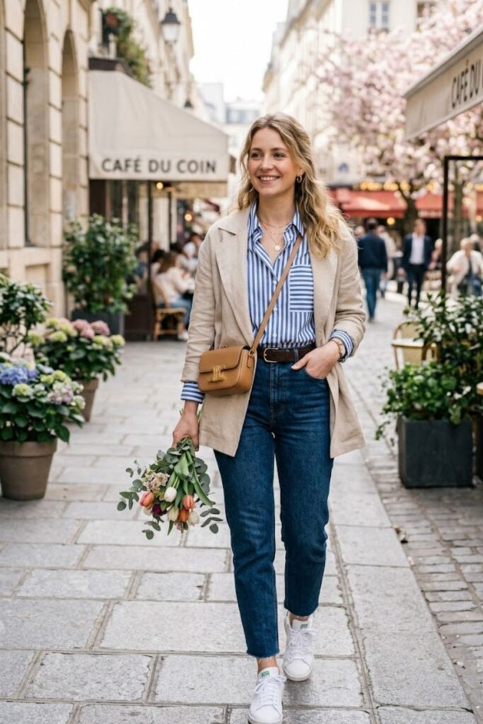 1. Striped Blouse With High-Waisted Jeans