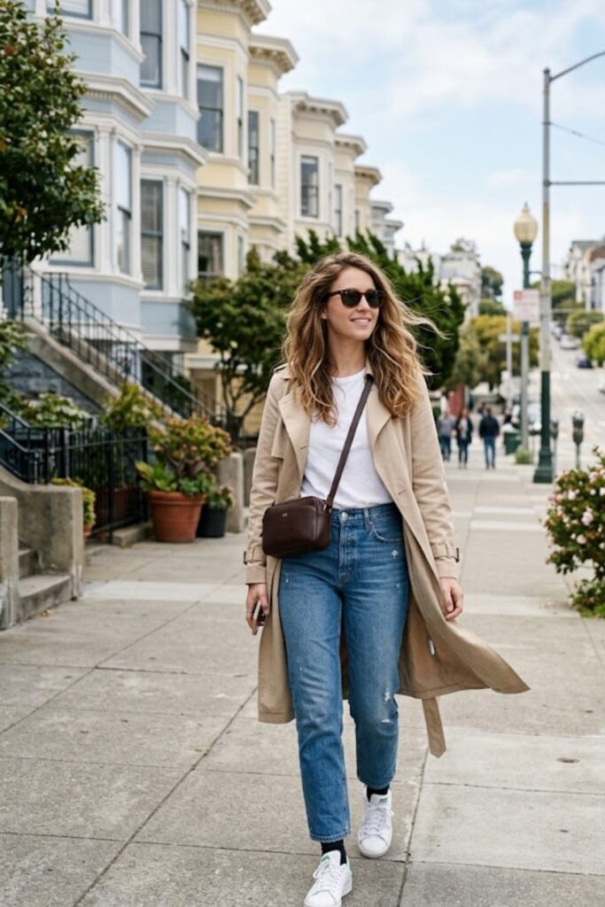 1. Trench Coat With Jeans and Sneakers