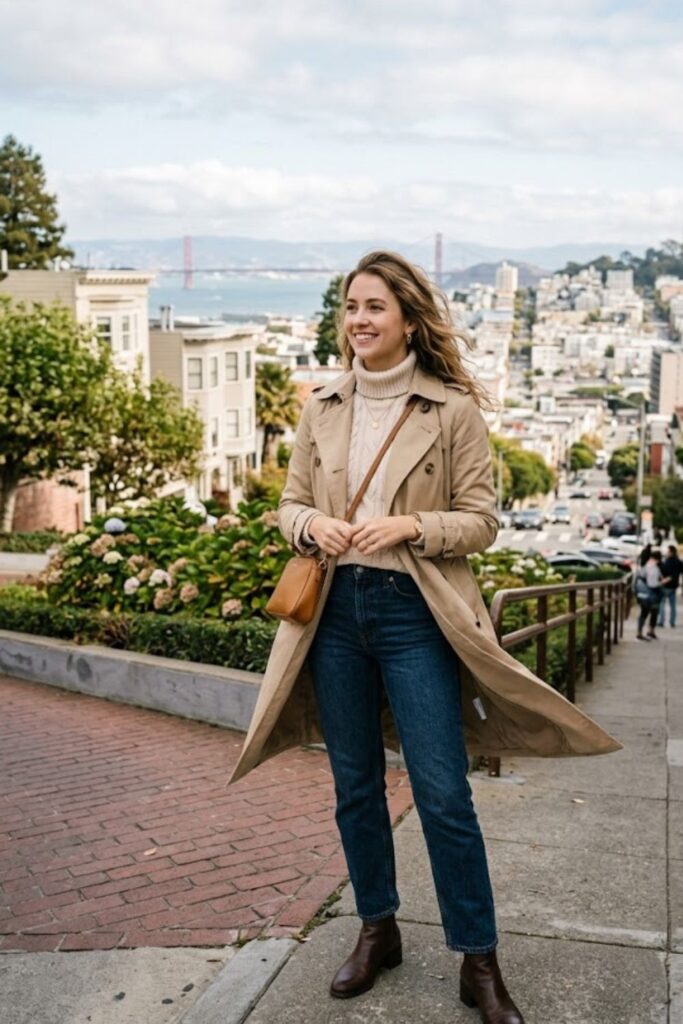 1. Trench Coat With Sweater and Jeans