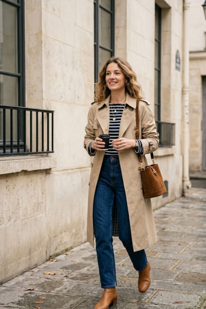 1. Trench Coat with Jeans and Striped Top