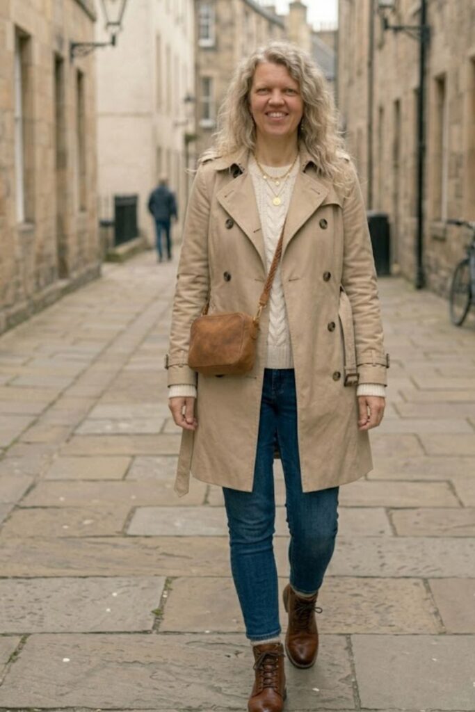 1. Trench Coat with Jeans and Sweater