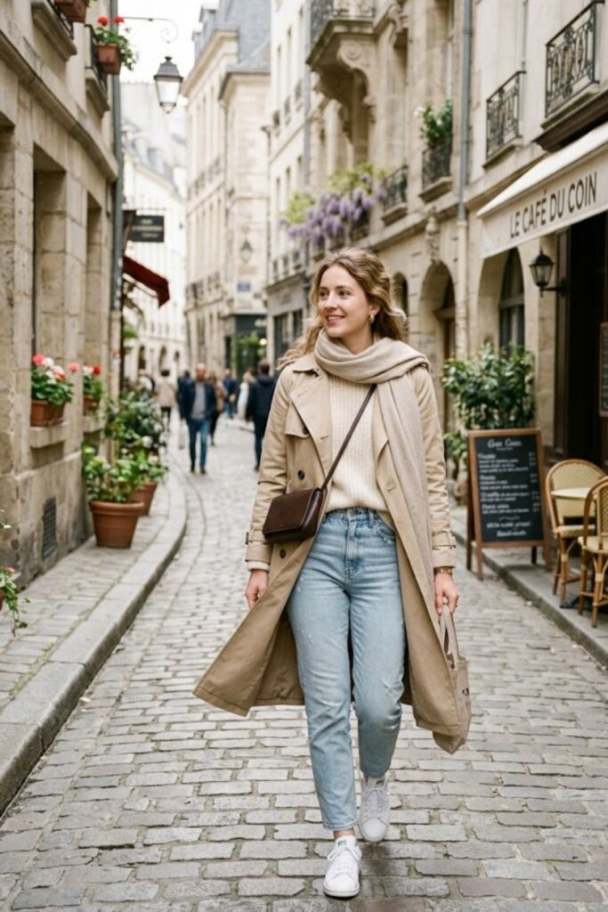 1. Trench Coat with Jeans and Sweater