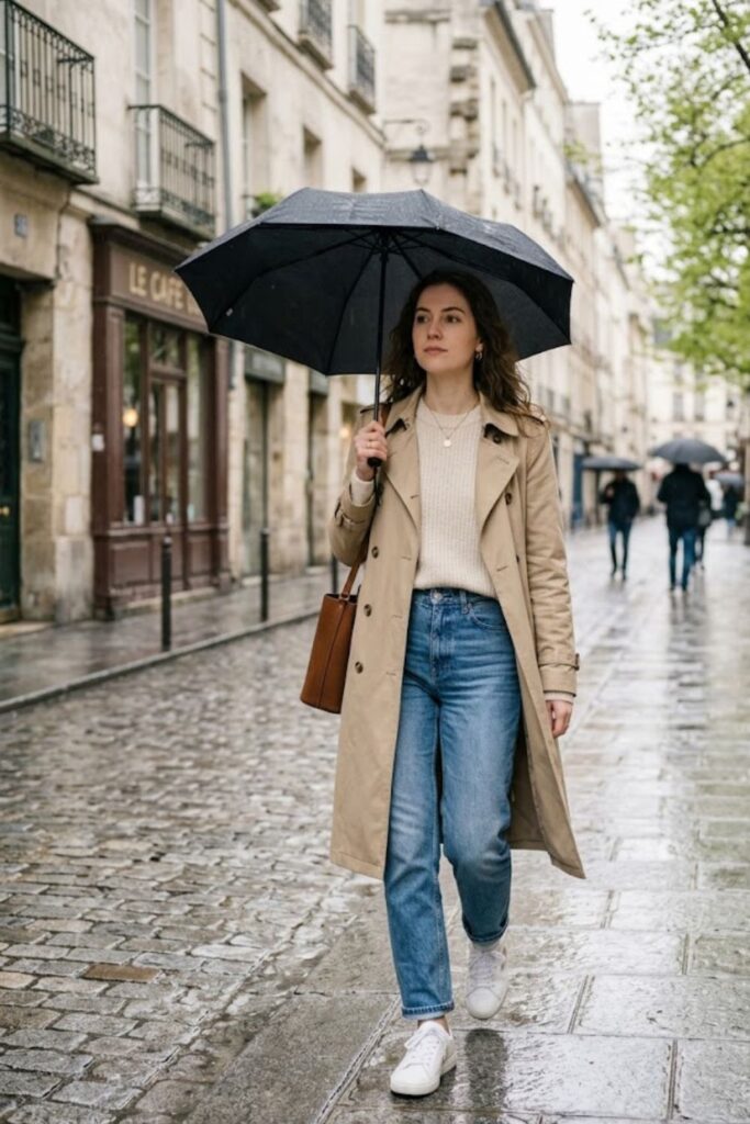 1. Trench Coat with Jeans and Sweater