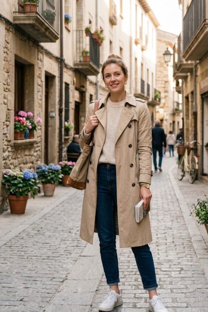 1. Trench Coat with Jeans and Sweater