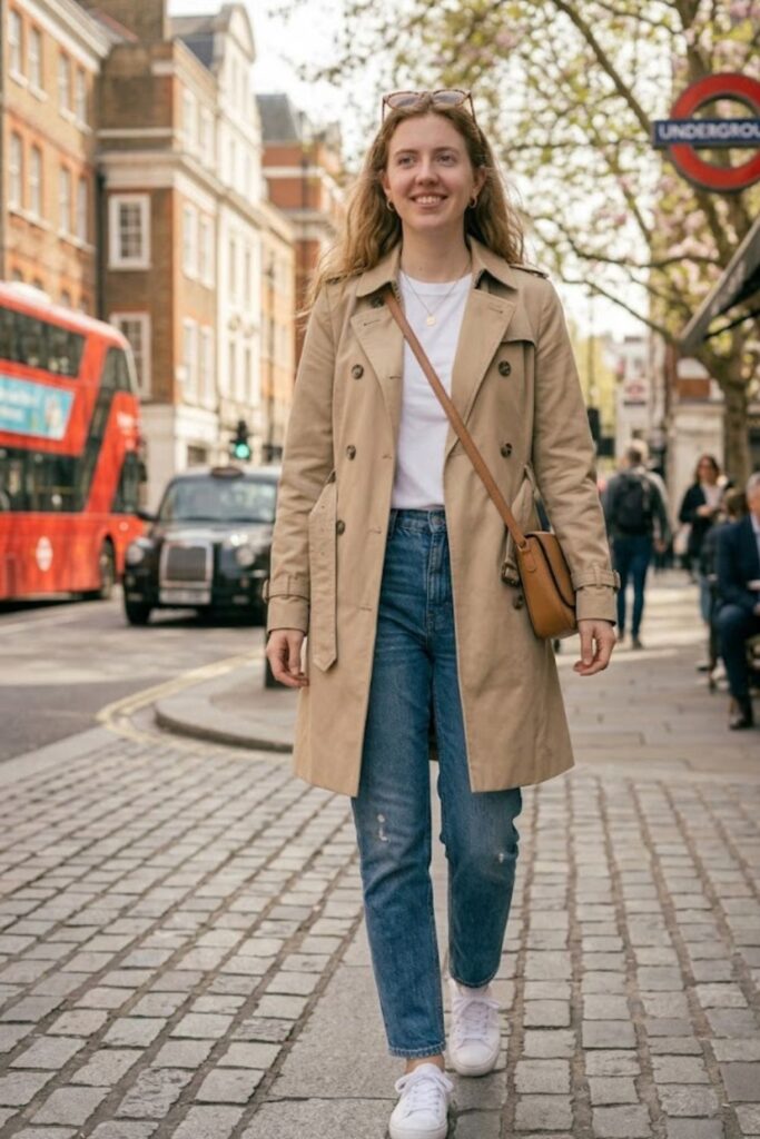 1. Trench Coat with Jeans and White Tee