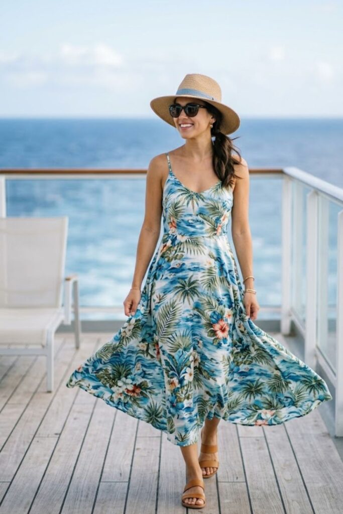 1. Tropical Maxi Dress with Sandals