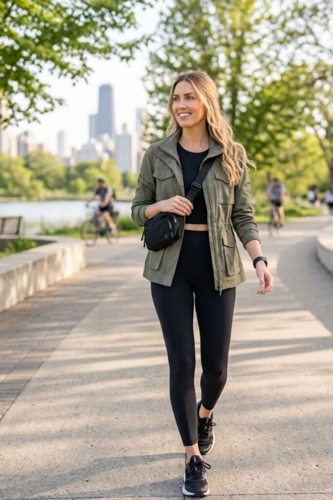 1. Utility Jacket with Leggings and Sneakers