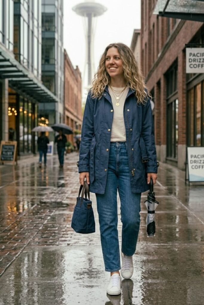1. Waterproof Jacket with Jeans and Sneakers