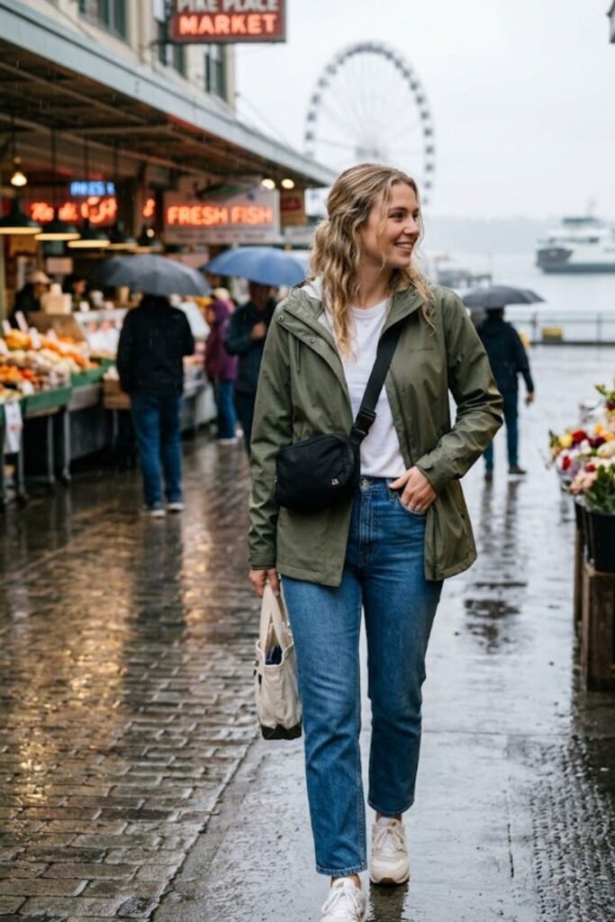 1. Waterproof Jacket with Jeans and Sneakers