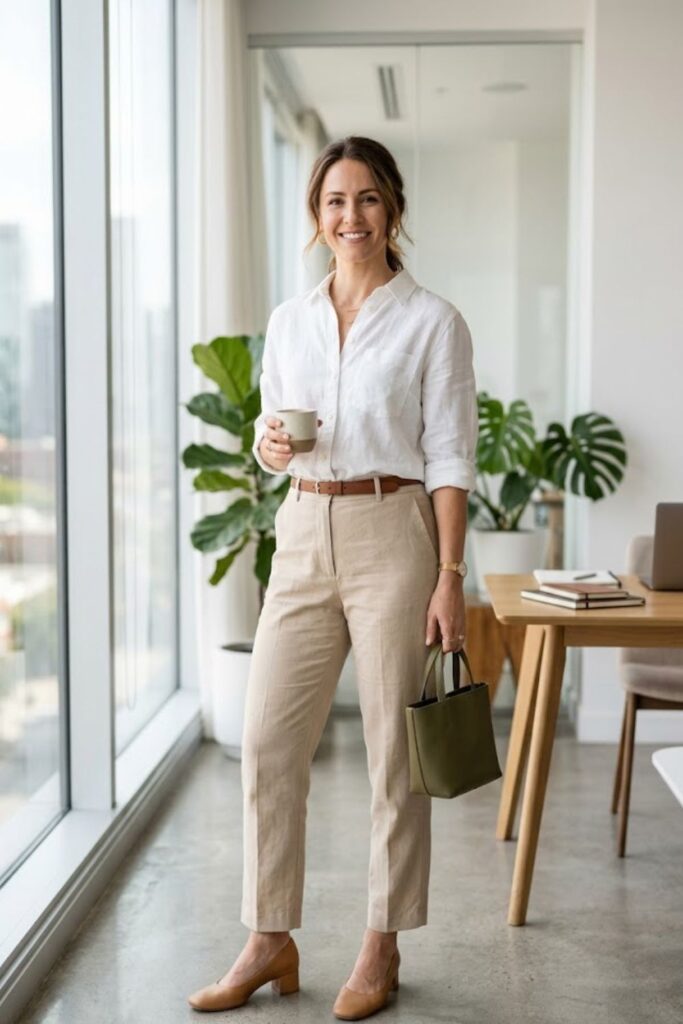 1. White Linen Blouse with Beige Chinos