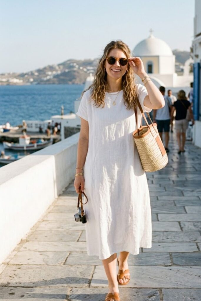 1. White Linen Dress with Sandals