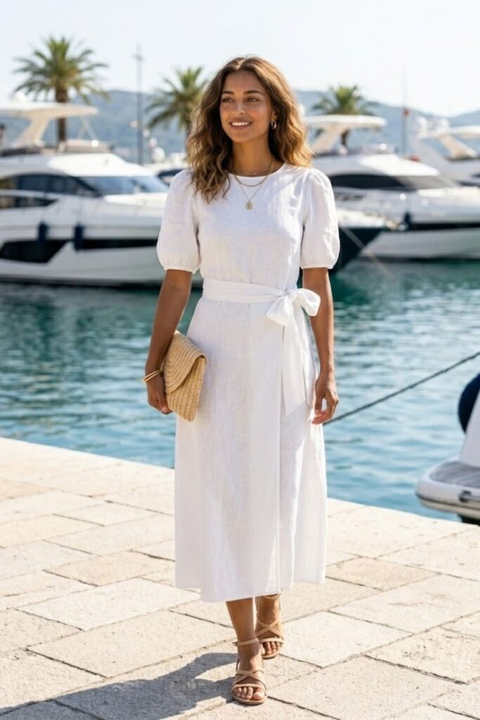 1. White Linen Dress with Strappy Sandals