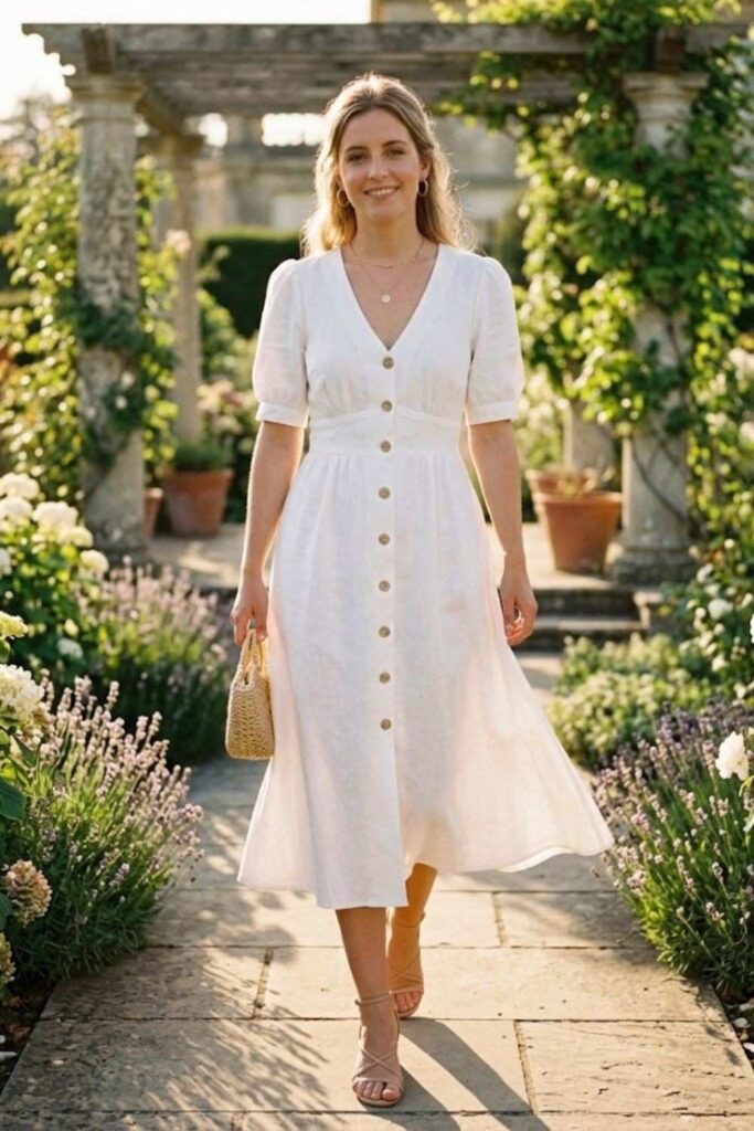 1. White Linen Midi Dress with Strappy Sandals