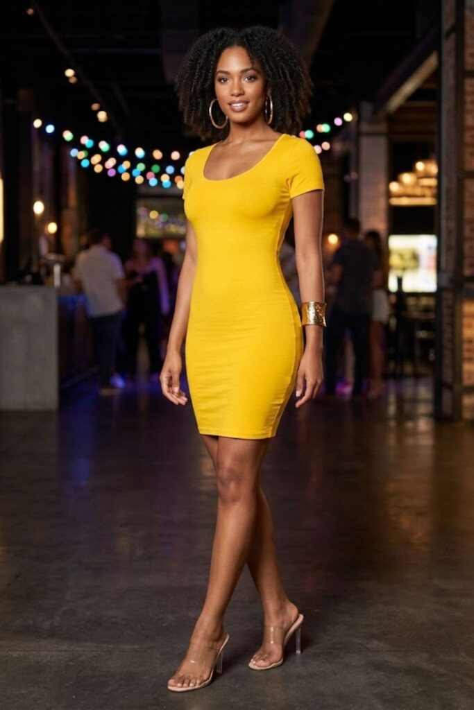 10. Bright Bodycon Dress with Clear Heels