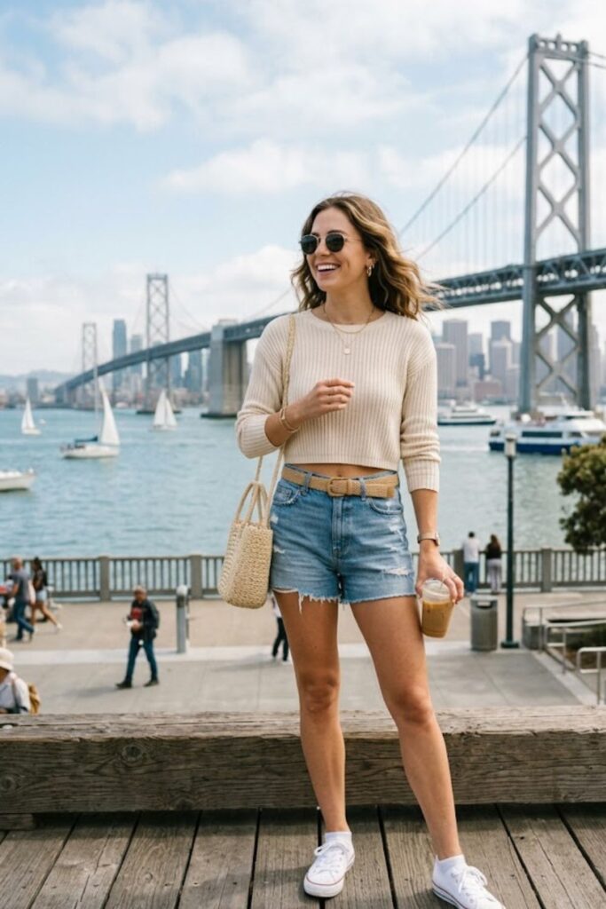 10. Cropped Sweater With High-Waisted Shorts